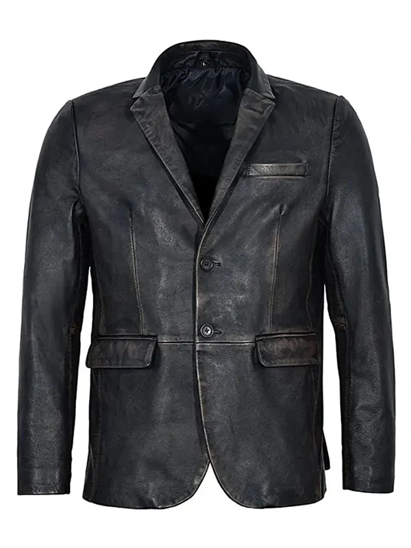 Vintage Blazer Distressed Black Italian Leather Coat Mens