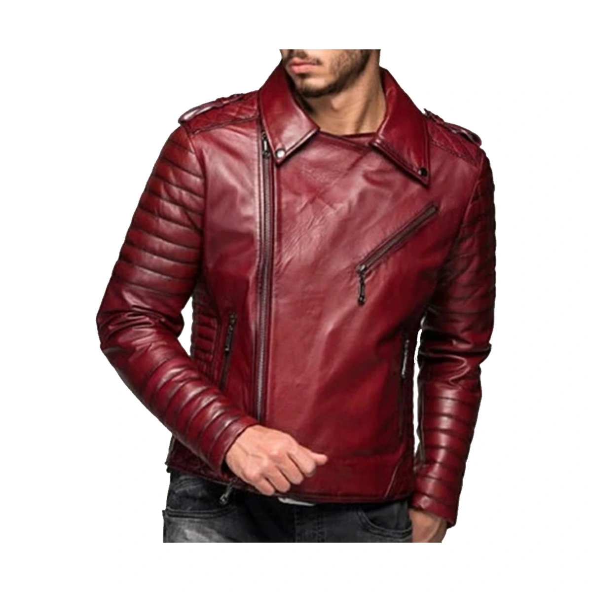 Mens Lapel Style Red Genuine Biker Leather Jacket