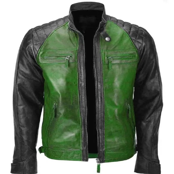 Vintage Green And Black Bikers Leather Jacket For Men