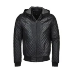 Mens Black hooded bomber Quilted Leather Jacket