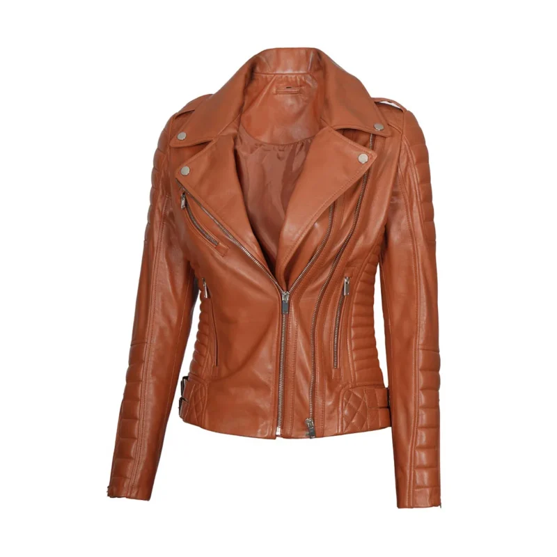 Womens Brown Quilted Cafe Racer Retro Motorcycle Leather Jacket