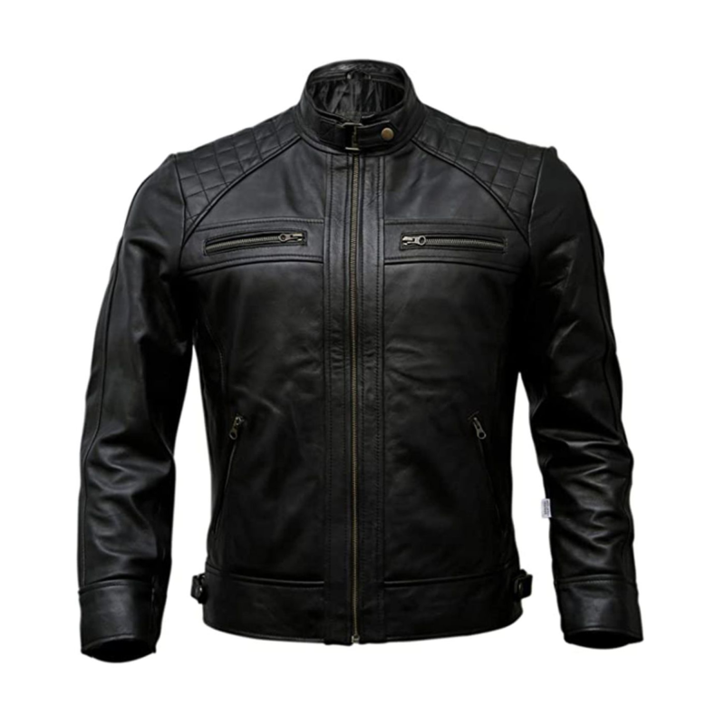 Mens Black Biker Quilted Real Leather Jacket