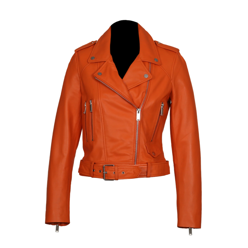 Womens Orange Biker Leather Jacket