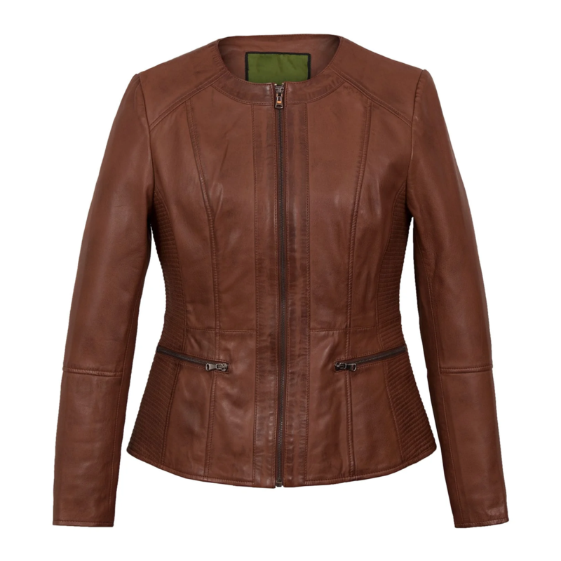 Collarless Womens Brown Leather Jacket